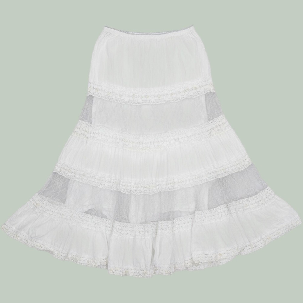 Twenty One Boho Tiered Midi Skirt White Small Lace Sequin Prairy Chic